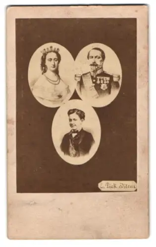 Fotografie E. Pick, Portrait Kaiser Napoleon III. mit Eugenie de Montijo und Sohn Prinz Napoleon