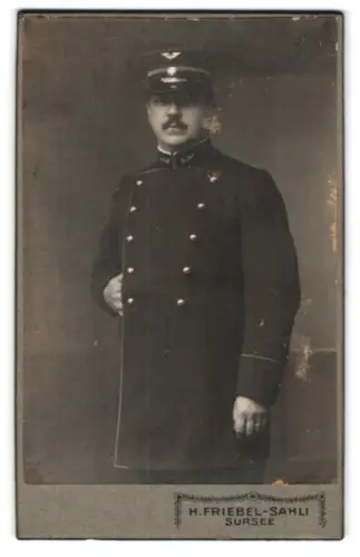 Fotografie H. Friebel-Sahli, Sursee, schweizer Eisenbahner in Uniform mit Schirmmütze