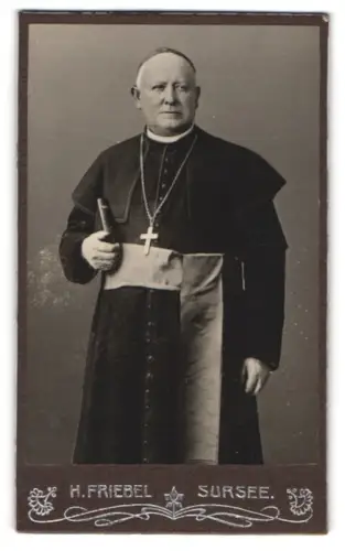 Fotografie H. Friebel, Sursee, Geistlicher im Talar mit Kruzifix und Bibel