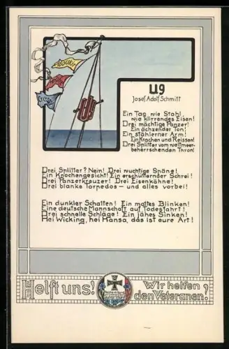 AK Mast vom U-Boot U-9 mit Fahnen für die versenkten brit. Panzerkreuzer, Wohlfahrtskarte für Deutsche Veteranen
