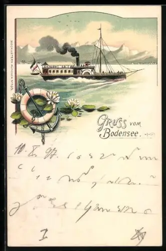 Lithographie Raddampfer auf dem Bodensee vor Gebirgspanorama