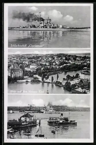 AK Kiel, Schlachtschiff Gneisenau der Kriegsmarine, Blick auf den kleinen Kiel, Hafenpartie