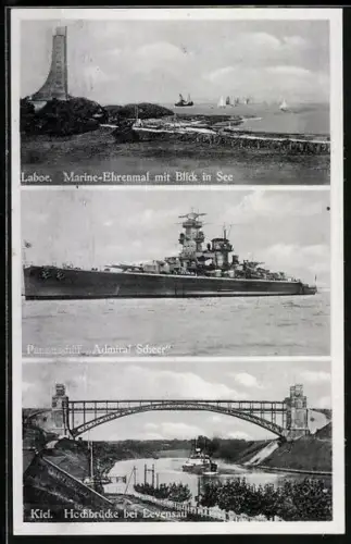 AK Kiel, Panzerschiff Admiral Scheer, Hochbrücke bei Levensau, Marine-Ehrenmal bei Laboe