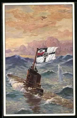 Künstler-AK Matrosen eines U-Bootes beschiessen Flugzeug