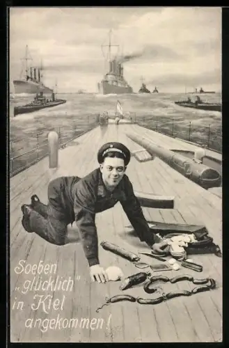 AK Soeben glücklich in Kiel angekommen!, Matrosenhumor