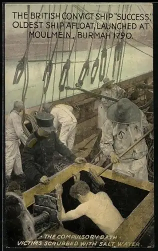 AK The british Convict Ship Success, The Compulsory Bath, Victim scrubbed with salt Water, Gefängnisschiff