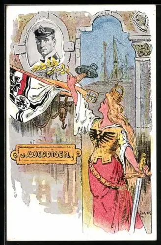 Künstler-AK Germania dekoriert Weddigen-Portrait