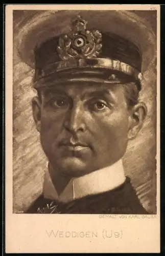 Künstler-AK Portrait von Kapitänleutnant Otto Weddigen, Kommandant von U-9