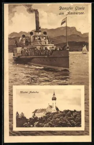 AK Passagierdampfer Gisela auf dem Ammersee, Blick auf das Kloster Andechs