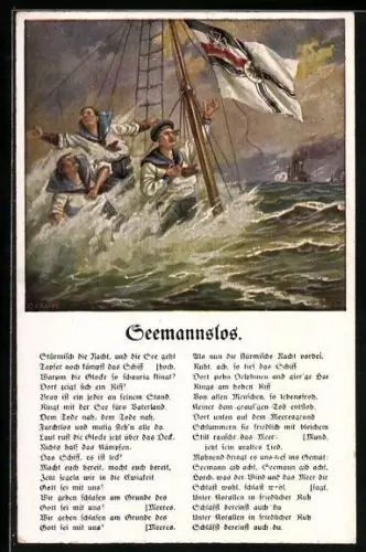 Künstler-AK Matrosen auf sinkendem Schiff, die Reichskriegsfahne gehisst, Seemannslos