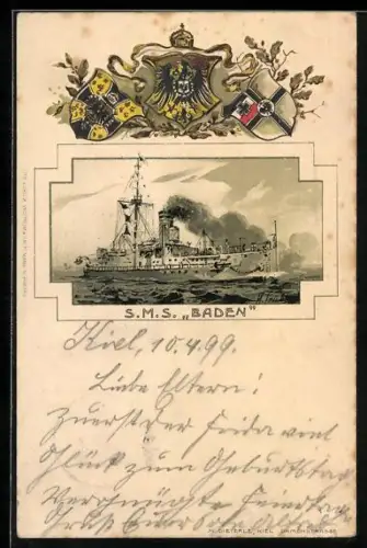 Künstler-AK Linienschiff SMS Baden in Fahrt, Wappen, Kriegsschiff