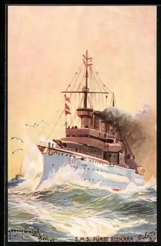 Künstler-AK Panzerkreuzer SMS Fürst Bismarck in stürmischer See, Kriegsschiff des Ostasiengeschwaders