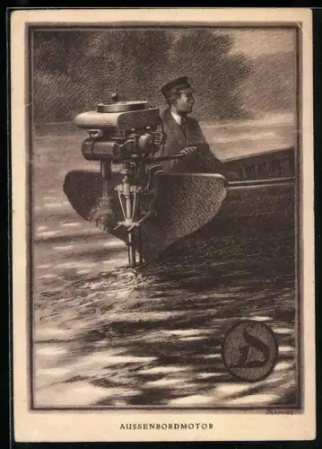 AK Beiboot mit Aussenbordmotor, Werbung für Aussenbordmotoren