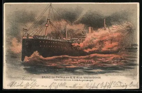 AK Brand des Passagierschiffes Patria im November 1899 bei Dover, Seenotrettung