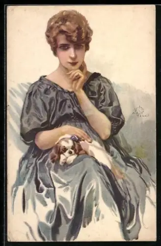 Künstler-AK Terzi: Elegante Dame mit kleinem Hund