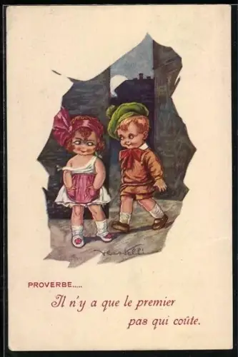 Künstler-AK Castelli: Kleiner Junge spricht ein Mädchen zum ersten Mal an