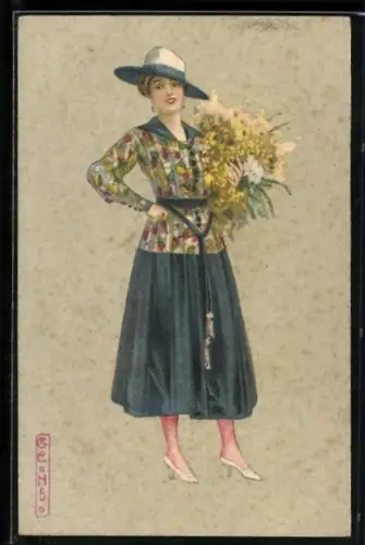 Künstler-AK E. Colombo: Elegante Dame mit Hut und einem Blumenstrauss
