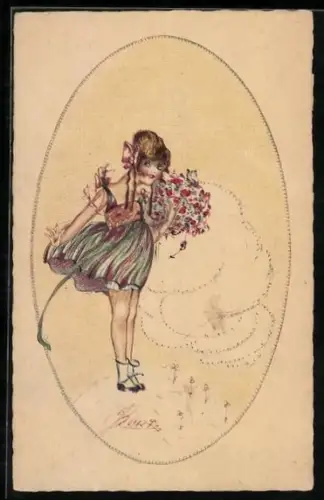 Künstler-AK Erna Maison-Kurt: schönes Blumenmädchen steht auf einer Wolke