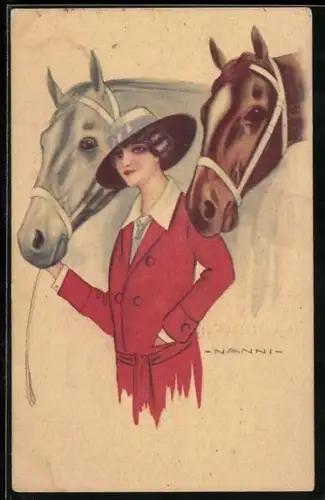 Künstler-AK Nanni: Elegante Dame im roten Trenchcoat mit zwei Pferden