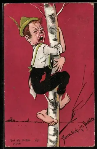 Künstler-AK Ermenegildo Antonio Donadini: Junge mit Hut hängt unzufrieden an einem Baum