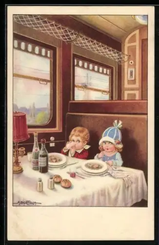 Künstler-AK A. Bertiglia: Zwei Kleinkinder beim Speisen in einem Zug