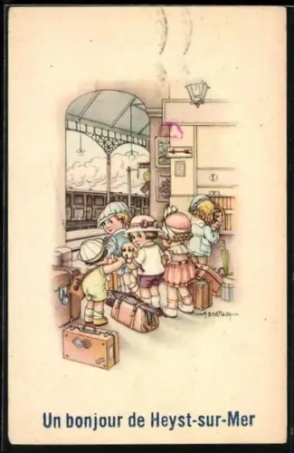 Künstler-AK A. Bertiglia: Kinder mit Hund und Reisegepäck warten an einem Bahnhof