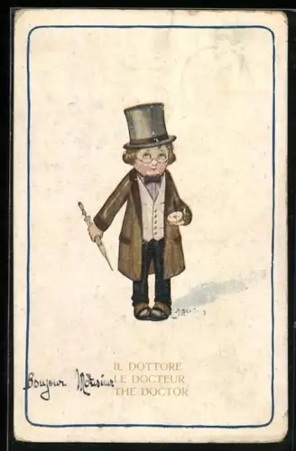 Künstler-AK A. Bertiglia: Kleines Kind in Kleidung eines Arztes mit grosser Spritze und Taschenuhr