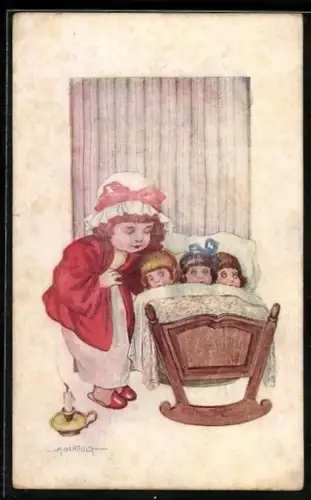 Künstler-AK A. Bertiglia: Junges Mädchen spielt Mutter und bringt ihre Puppen zu Bett