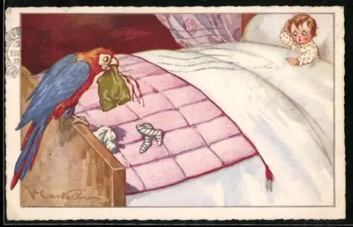Künstler-AK Castelli: Kind wird von einem Papagei im Bett überrascht