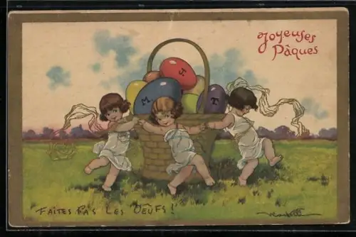 Künstler-AK Castelli: Mädchen tanzen um einen Osterkorb, Ostergruss