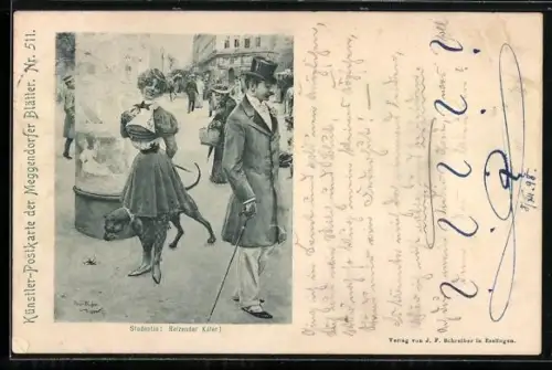 Künstler-AK Meggendorfer Blätter Nr. 511: Modisch gekleidete Studentin mit Hund sieht einem Gentleman nach