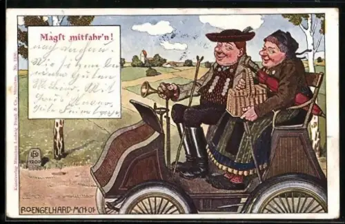 Künstler-AK P.O.Engelhard (P.O.E.): Magst mitfahr`n!, Paar in Tracht in Motorkutsche