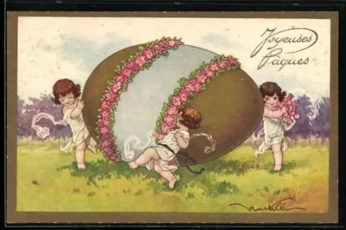 Künstler-AK Castelli: Kinder tanzen um ein riesiges Osterei mit Blumengirlanden