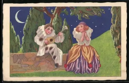 Künstler-AK Dario Gobbi: Junge im Narrenkostüm und Laute spielt einem Mädchen eine Weise bei Mondschein