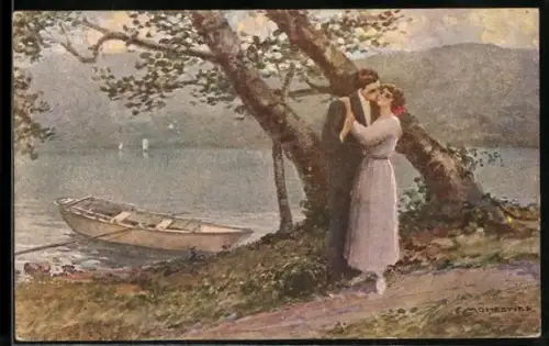 Künstler-AK C. Monestier: Mann und Frau stehen am Ufer und halten sich in den Armen