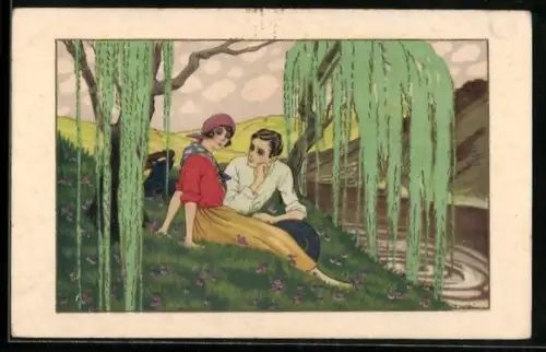 Künstler-AK Dario Gobbi: Mann und Frau sitzen am Ufer unter Trauerweiden