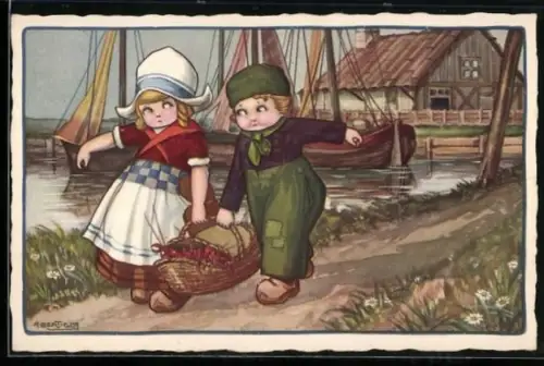 Künstler-AK A. Bertiglia: Paar in niederländischer Tracht schleppt einen schweren Korb am Ufer entlang