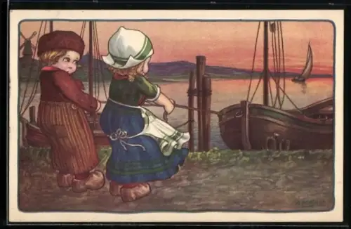 Künstler-AK A. Bertiglia: kleines niederländisches Paar am Hafen