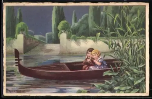 Künstler-AK A. Bertiglia: Zwei Kinder unternehmen eine Bootsfahrt bei Nacht