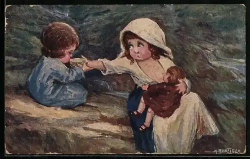 Künstler-AK A. Bertiglia: Stillende Frau gibt einem anderen Kind eine Tasse
