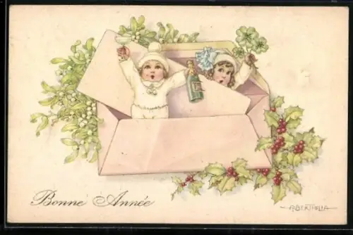 Künstler-AK A. Bertiglia: Zwei Kinder mit Champagner und Klee springen aus einer Glückwunschkarte