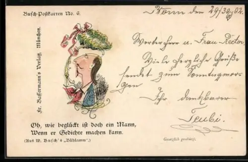 Künstler-AK Wilhelm Busch: Gepflegter Mann mit Schnurrbart freut sich über seine Dichtkunst