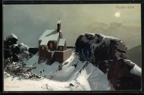 Künstler-AK Zeno Diemer: Kirche im Schnee im Dezember