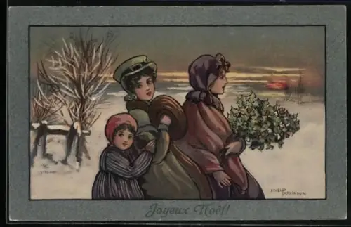 Künstler-AK Ethel Parkinson: Zwei Frauen und ein Kind in winterlicher Landschaft mit einem Strauss Stechpalmen