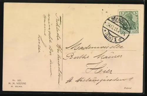 Künstler-AK Ethel Parkinson: Zwei Frauen und ein Kind in winterlicher Landschaft mit einem Strauss Stechpalmen