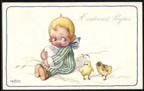 Künstler-AK A. Bertiglia: Kleinkind mit grossem Osterei und zwei Küken