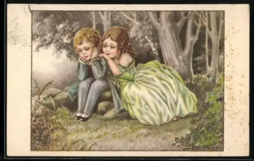 Künstler-AK A. Bertiglia: Mädchen im grünen Kleid tröstet einen niedergeschlagenen Jungen im Wald