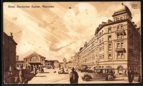 Künstler-AK Siegmund von Suchodolski: München, Strassenpartie mit Hotel Deutscher Kaiser