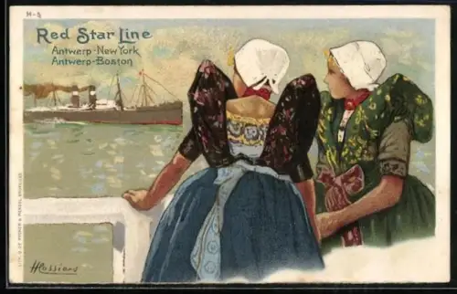 Künstler-AK Henri Cassiers: Red Star Line, Antwerp-New York-Boston, niederländische Frauen und Passagierschiff