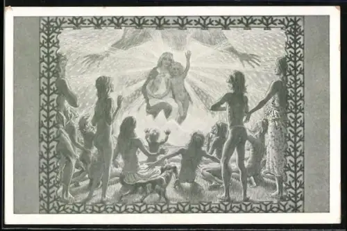 Künstler-AK Fidus: Anbetung der Hirten, Menschen blicken gebannt zu Maria und dem Jesus-Kind